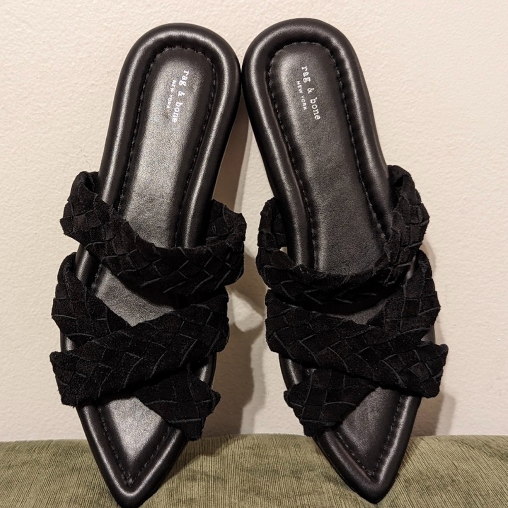 Rag & Bone Lewis Pointed Toe Slide Sandal Black Leather & Genuine Suede - Picture 3 of 6
